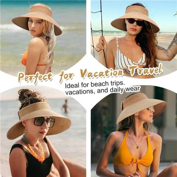 Wide Brim Straw Sun Visor Hat Women Ponytail UV Protection Foldable Beach - Picture 6 of 7